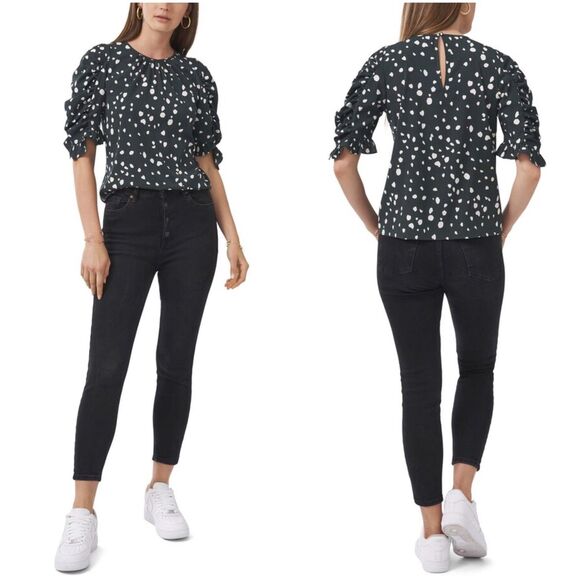 1.STATE Painted Dot Puff Sleeve Top in Forest Green - M | Medium - Picture 3 of 10